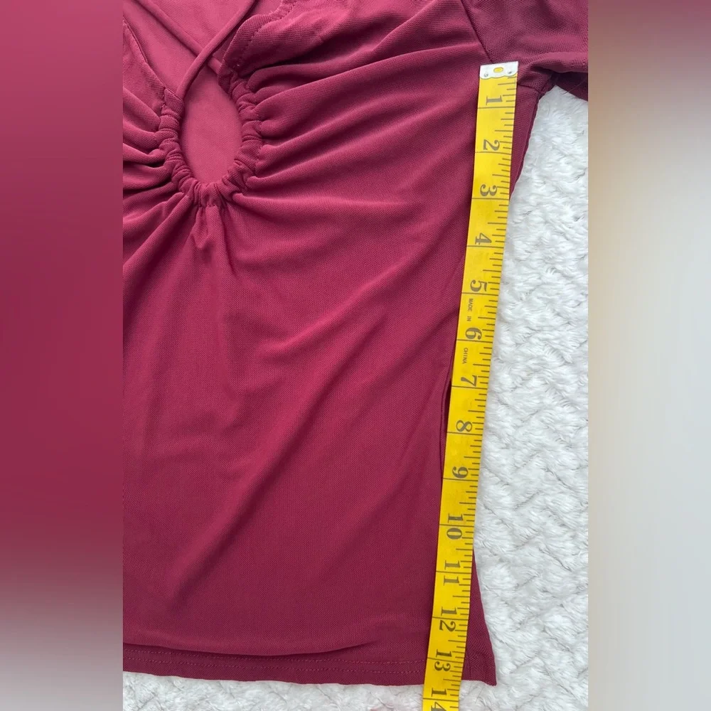 Willow + Root Sheer Maroon Short Sleeve Top Keyhole Ruching Detail - Picture 6 of 8